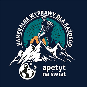 Grafika na plecak Apetyt na Świat - wędrowiec na szczycie góry